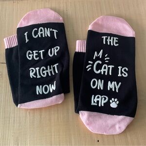 $10 SALE Fun Socks “Can’t Get Up/Cat On Lap” Pet Lover Funny Gift Idea NWOT